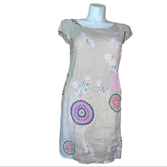 Made in Italy Linen Dress Tan Boho Print Cap Sleeve Pocket Tunic M/L - Picture 8 of 16